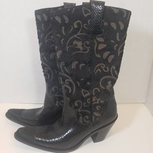 Antonio Melani Justine Black Boot 6 Calf Pony Fur Snake Laser Cut Point Toe